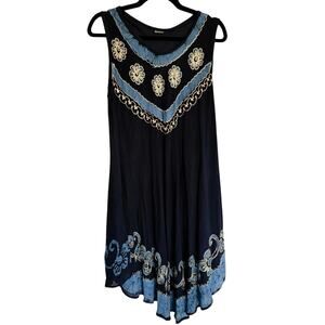 One Size Navy Blue Boho Viscose Maxi Dress EUC Embroidered Asymmetrical